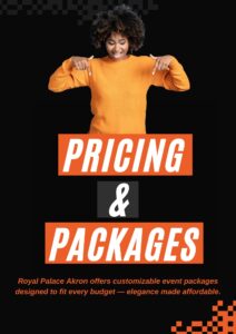 Smiling woman in orange sweater pointing down at “Pricing & Packages” text — Royal Palace Akron promotional banner.