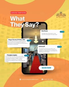 Customer testimonials praising Royal Palace Akron as the best birthday party venue and event hall with great service, sound, and space.