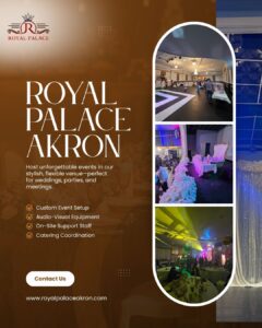 Elegant interior of Royal Palace Akron showcasing event setups, stage décor, and dining space — perfect for weddings, parties, and meetings.