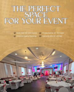 Elegant banquet hall setup at Royal Palace Akron with white and red decor — perfect venue for weddings, parties, and events.