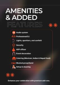 List of Royal Palace Akron amenities and features, including DJ, audio system, catering, and event decoration options.