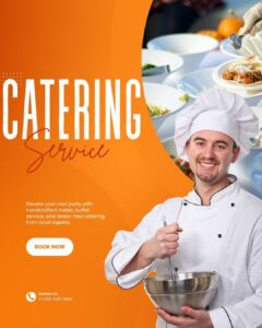 Professional chef smiling while holding a mixing bowl, promoting Royal Palace Akron’s catering service with fresh plated dishes in the background.