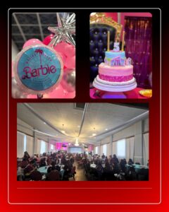 Barbie-themed birthday party with cake, balloons, and families celebrating.