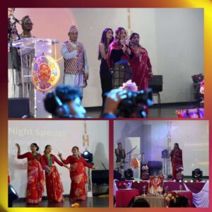 Performers and singers on stage at the BSA Cultural Event hosted by Royal Palace Akron Ohio, celebrating Nepali music and tradition.