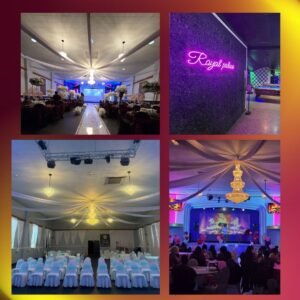 Interior views of Royal Palace Akron Ohio showing the decorated banquet hall, chandeliers, stage lighting, and pool lounge area.