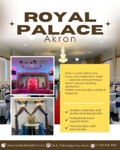Elegant interior of Royal Palace Akron with chandeliers, red carpet, and wedding décor.