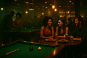 Friends enjoying food and drinks near a pool table at Royal Palace Lounge.
