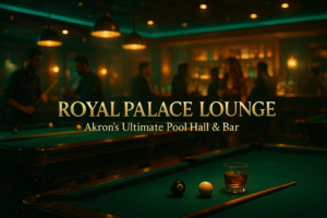 Luxury pool hall at Royal Palace Lounge in Akron with billiard tables.