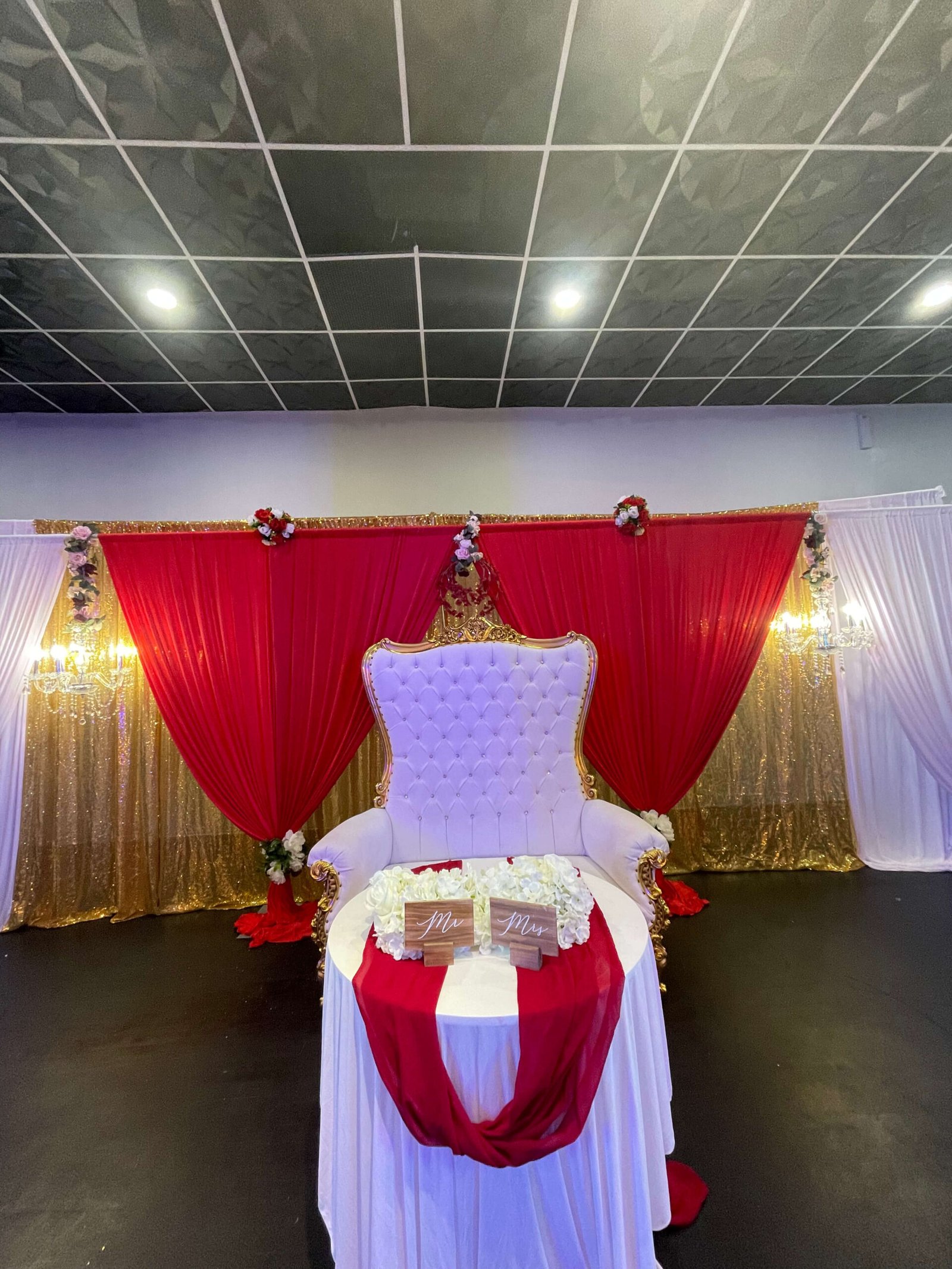 Royal Palace Akron banquet hall with decorated tables and chairs for a private event