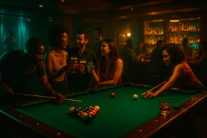 Friends playing pool and enjoying drinks at Royal Palace Lounge in Akron.