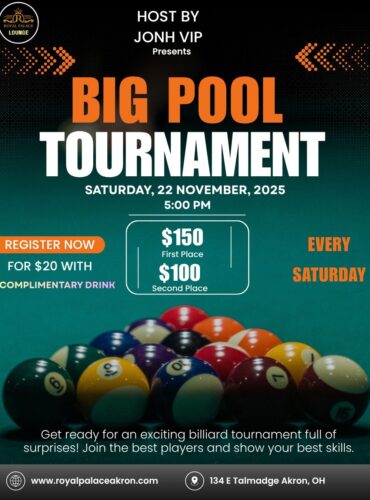 Big Pool Tournament Akron poster at Royal Palace showing pool balls, entry fee, and prize money.