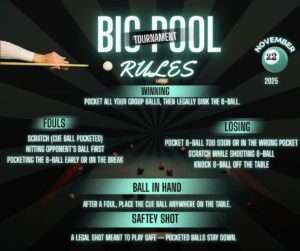 Big Pool Tournament rules graphic at Royal Palace best pool hall — winning, fouls, losing conditions, and gameplay guidelines.