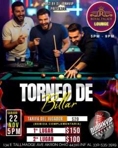 Pool tournament event at Royal Palace Lounge, the top-rated pool hall in Akron Ohio, featuring players enjoying billiards near me, competitive gameplay, and DJ-hosted entertainment.