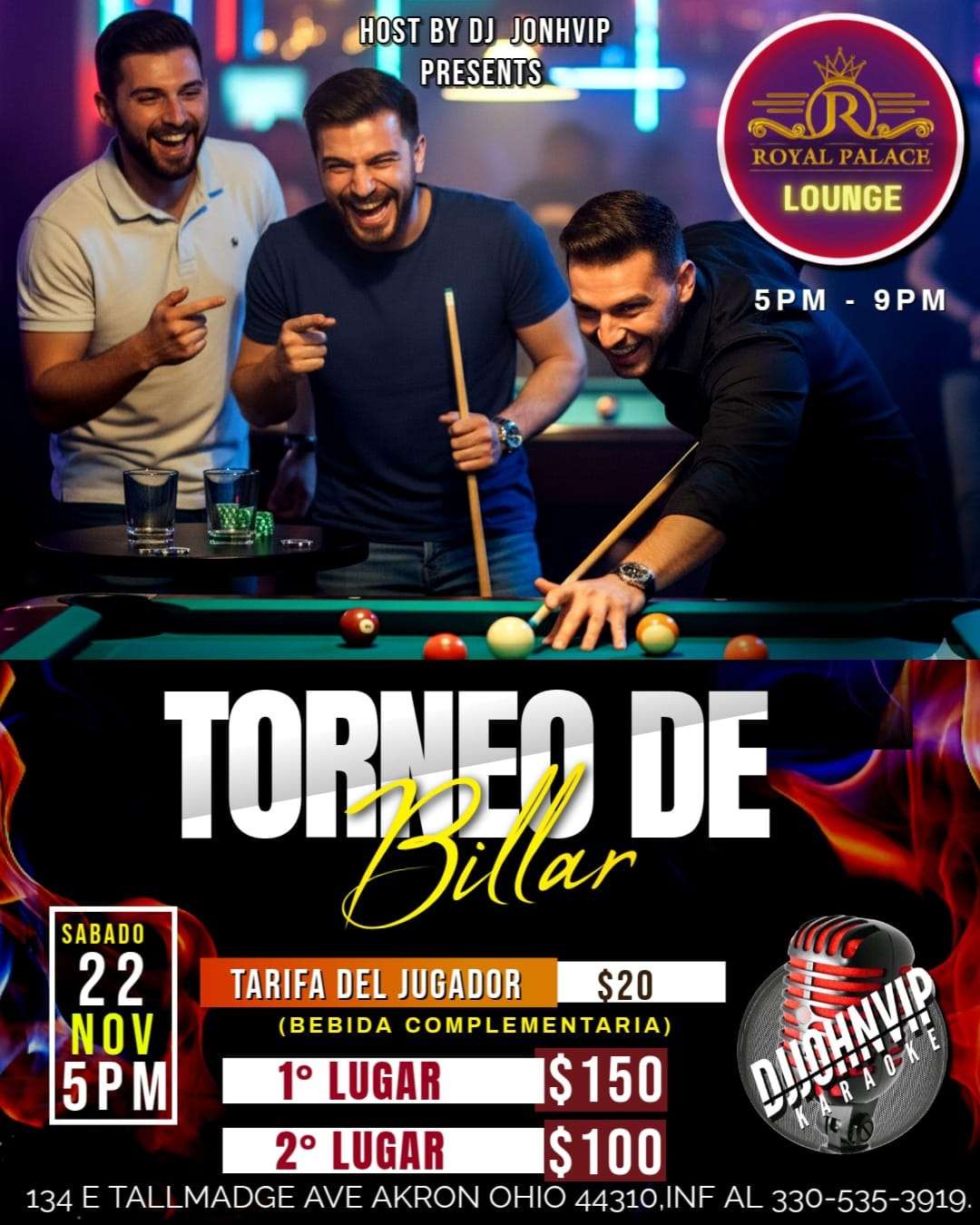 Pool tournament event at Royal Palace Lounge, the top-rated pool hall in Akron Ohio, featuring players enjoying billiards near me, competitive gameplay, and DJ-hosted entertainment.