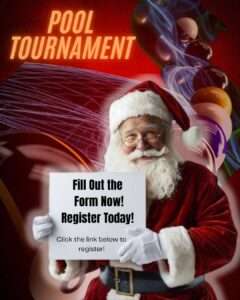 Santa Claus holding a sign promoting a Christmas Pool Tournament with registration details at Royal Palace Akron.