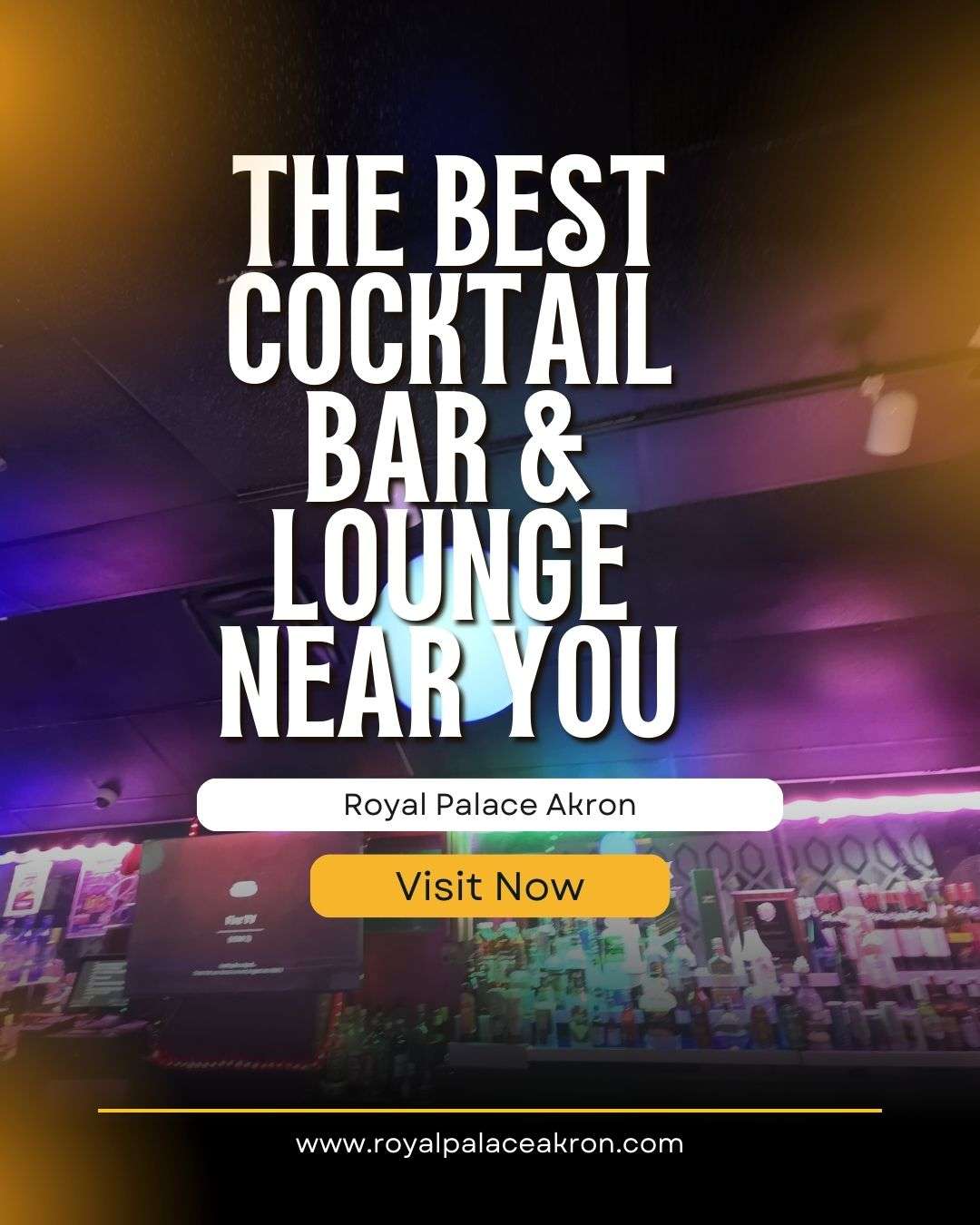 Colorful neon bar interior at Royal Palace Akron promoting the best cocktail bar and lounge near Akron, Ohio.