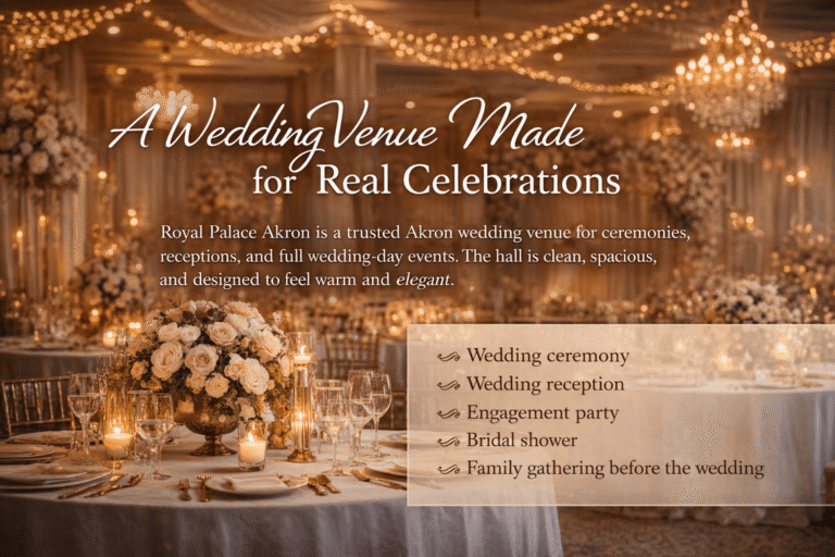 Spacious wedding venues in Akron Ohio set up for ceremony and reception at Royal Palace Akron