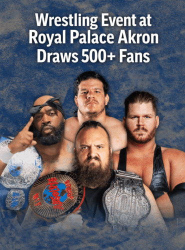 Wrestling event at Royal Palace Akron featuring championship wrestlers and a packed crowd of over 500 fans