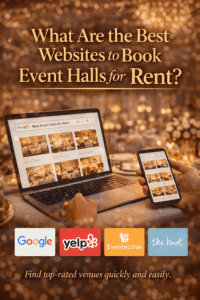 Laptop and phone showing event hall booking websites for searching halls for rent online.