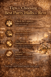 Infographic showing tips for choosing halls for rent including capacity, parking, hidden costs, and services.