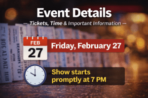 Event details graphic showing Friday February 27 and 7 PM show time at Royal Palace event venue Akron Ohio.