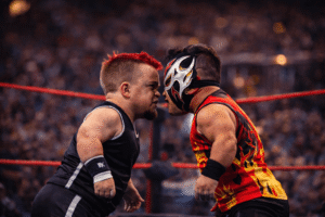 Two micro wrestlers facing off inside wrestling ring at Royal Palace event venue Akron Ohio