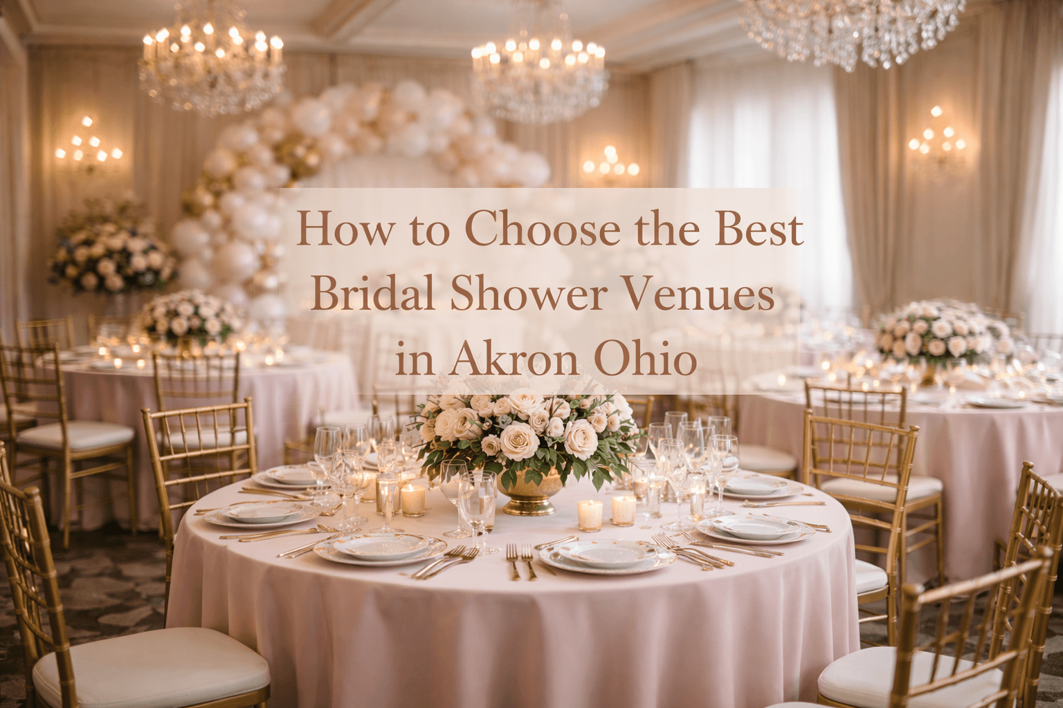 Elegant bridal shower event setup inside a banquet hall in Akron Ohio – beautiful bridal shower venues Akron Ohio with decorated tables, floral centerpieces, and chandeliers.