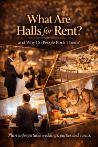 Luxury event hall decorated with chandeliers and banquet tables representing premium halls for rent for weddings and parties.