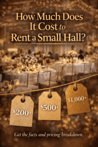 Different events including weddings, birthdays, and corporate gatherings inside halls for rent.