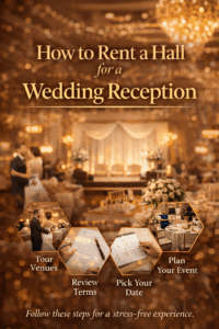 Small banquet hall decorated for an event showing the typical cost range for small halls for rent.