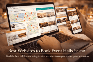 Person searching halls for rent online using websites to compare event venues and party halls near me.