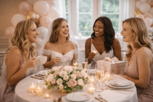 Bride enjoying bridal shower brunch with friends at a decorated venue in Akron Ohio.