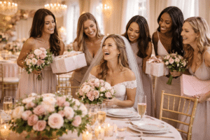 Bride celebrating with bridesmaids at an elegant bridal shower venue in Akron Ohio with flowers and gifts.