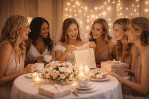 Bride opening gifts during bridal shower party with friends in Akron Ohio event venue.