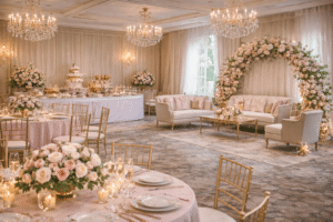 Elegant decorated bridal shower event space with floral arch and chandeliers in Akron Ohio venue.