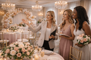 Event planner explaining bridal shower venue layout to guests inside an elegant Akron Ohio event space.