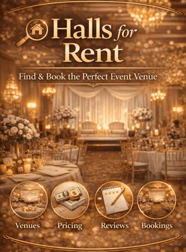 Luxury halls for rent decorated for wedding and events with elegant lighting and banquet setup