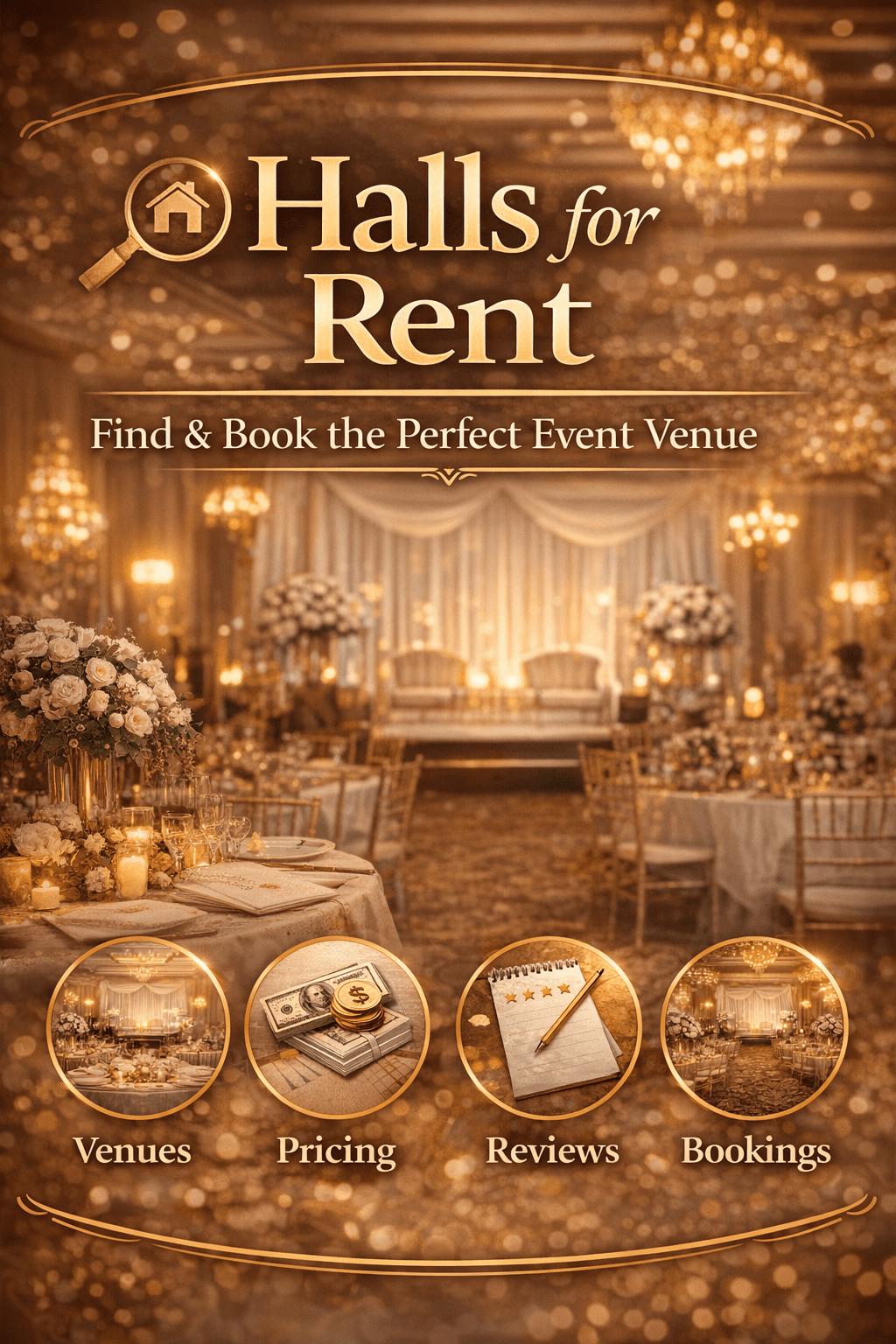 Luxury halls for rent decorated for wedding and events with elegant lighting and banquet setup
