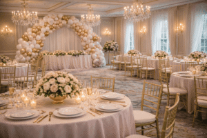Luxury bridal shower venue setup with chandeliers and decorated tables in Akron Ohio.