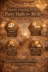 Tips for choosing the best halls for rent including capacity, parking, pricing, and services for event planning.