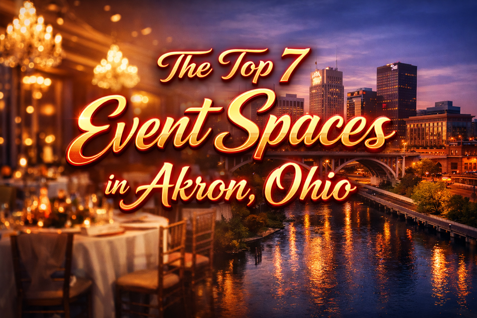 The Top 7 event spaces in Akron Ohio featured image with red and gold luxury text design.