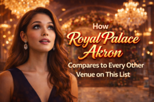 Front-facing woman in luxury ballroom looking amazed with text showing how Royal Palace Akron compares to other event venues in Akron.