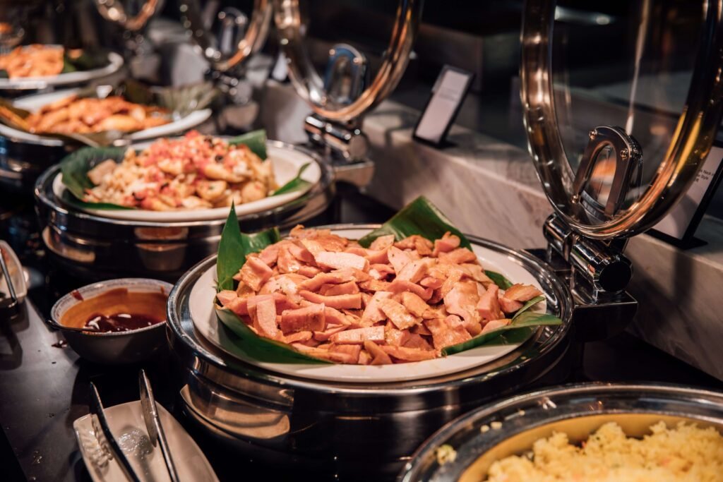 Corporate event catering buffet with hot food service at Royal Palace Akron