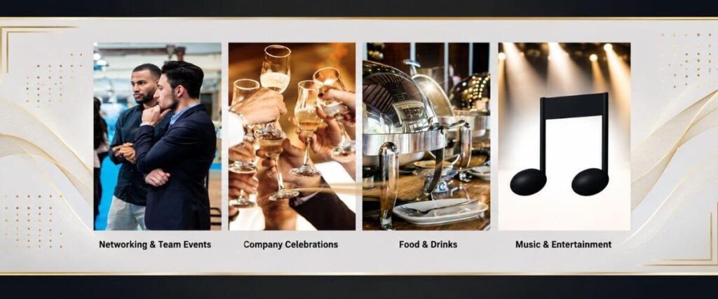 Royal Palace corporate event services featuring networking, company celebrations, food and drinks, and music entertainment.